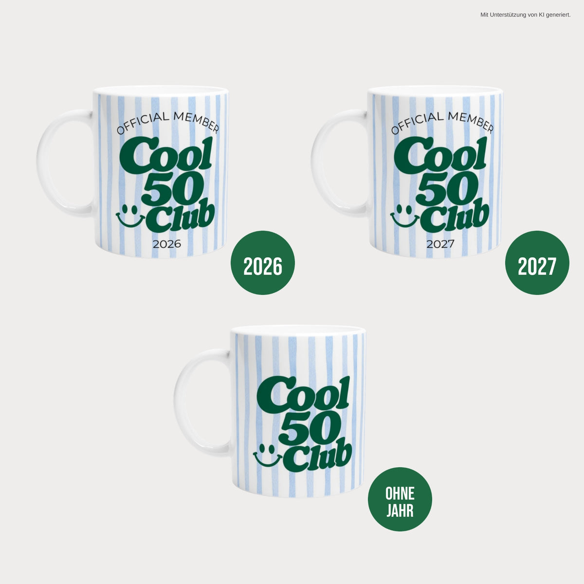 Cool 50 Club Tasse blau: Varianten 2026, 2027 und ohne Jahreszahl