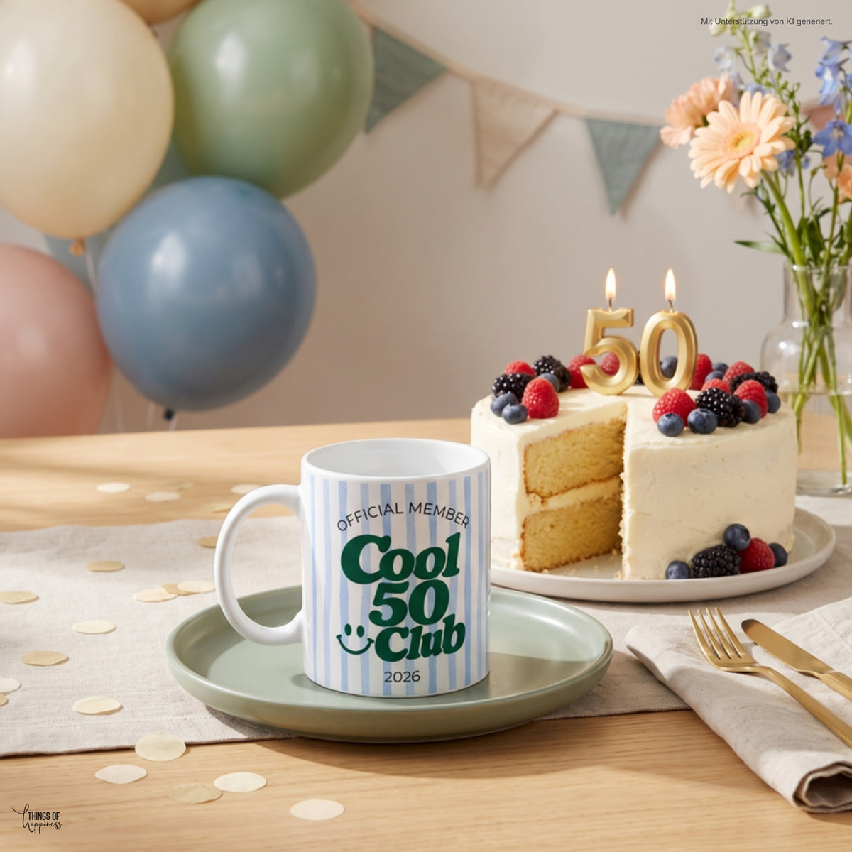 Tasse Cool 50 Club blau auf dem Geburtstagstisch – Tasse 50. Geburtstag