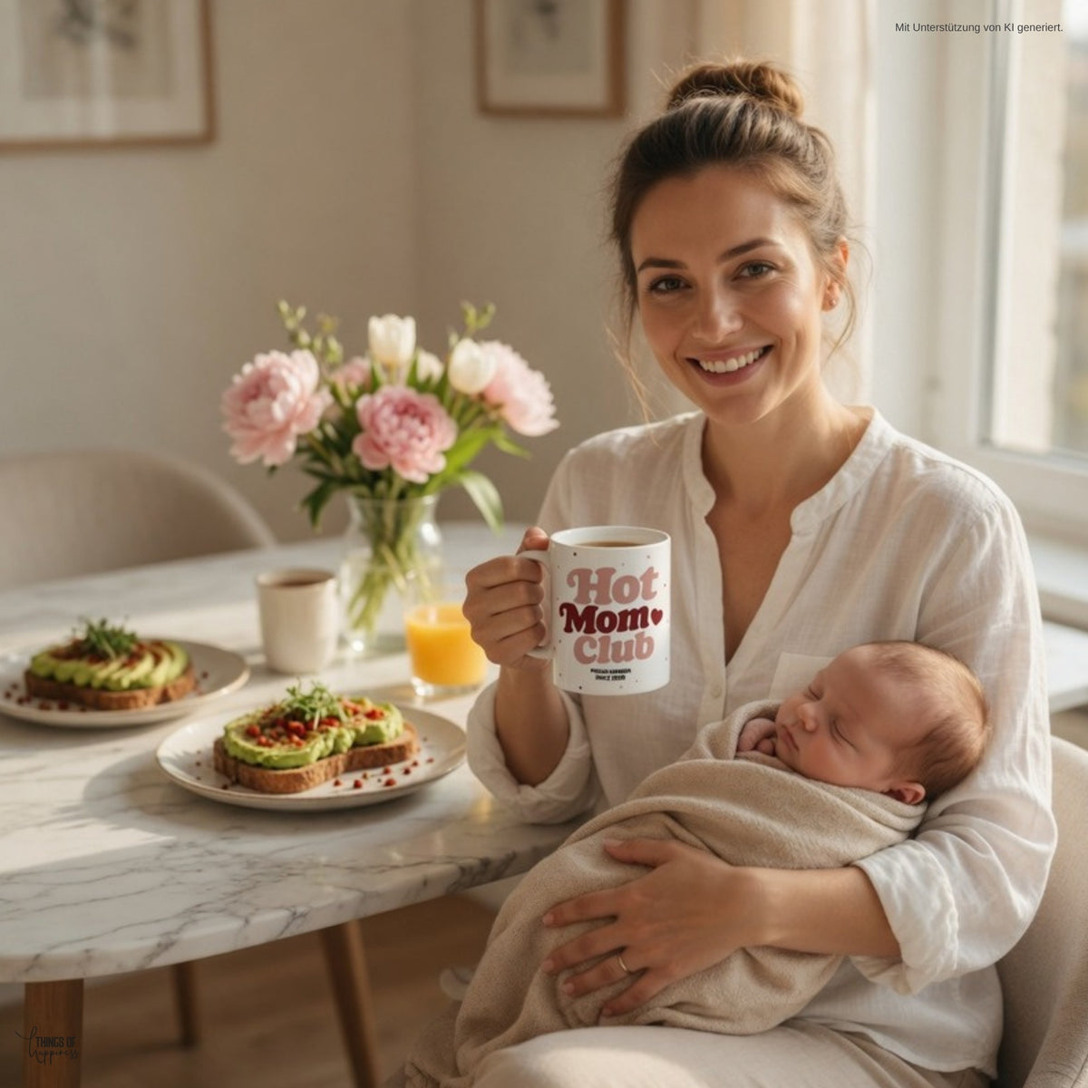 Frischgebackene Mama mit Baby und Hot Mom Club Tasse 2026