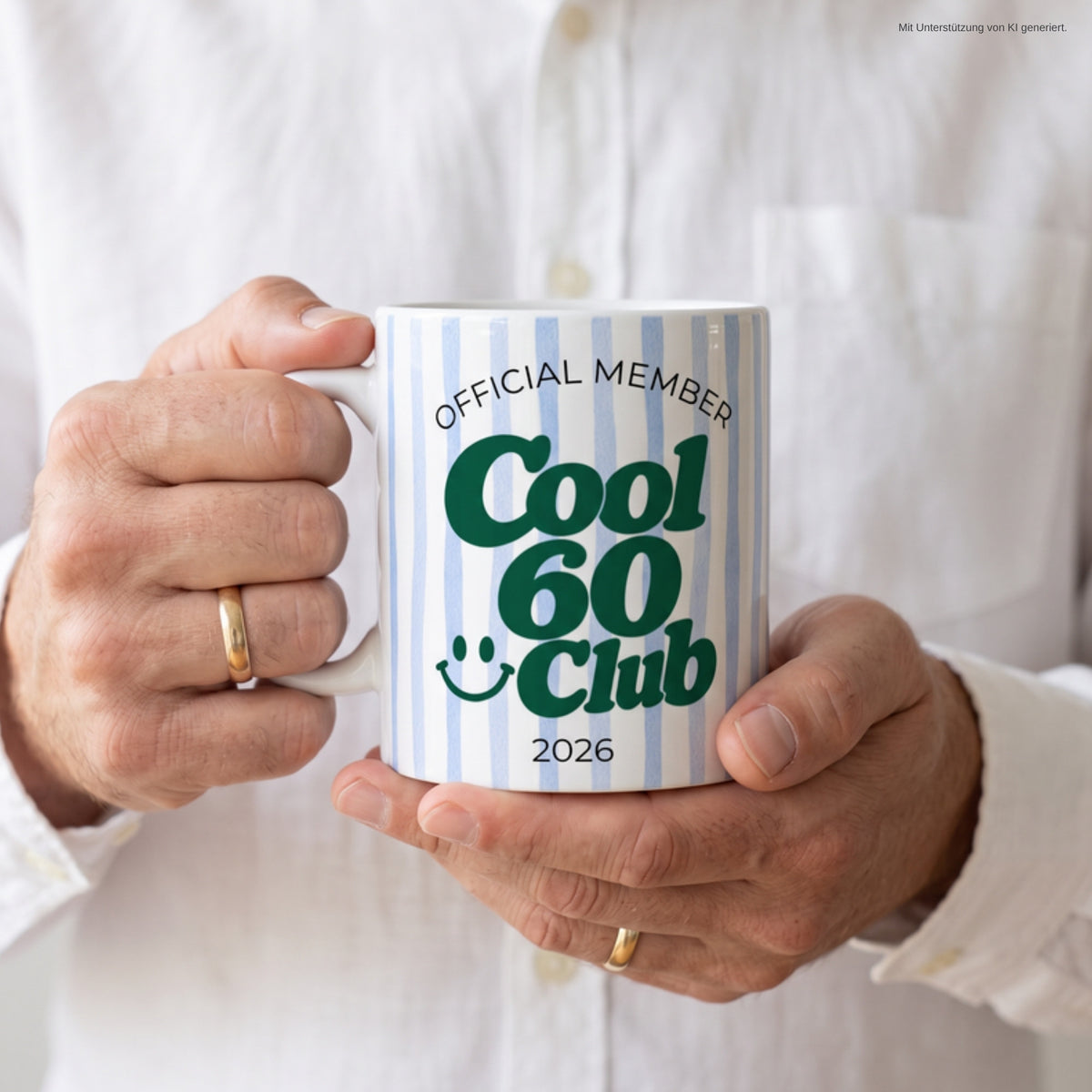 Hände halten Tasse Cool 60 Club 2026 blau