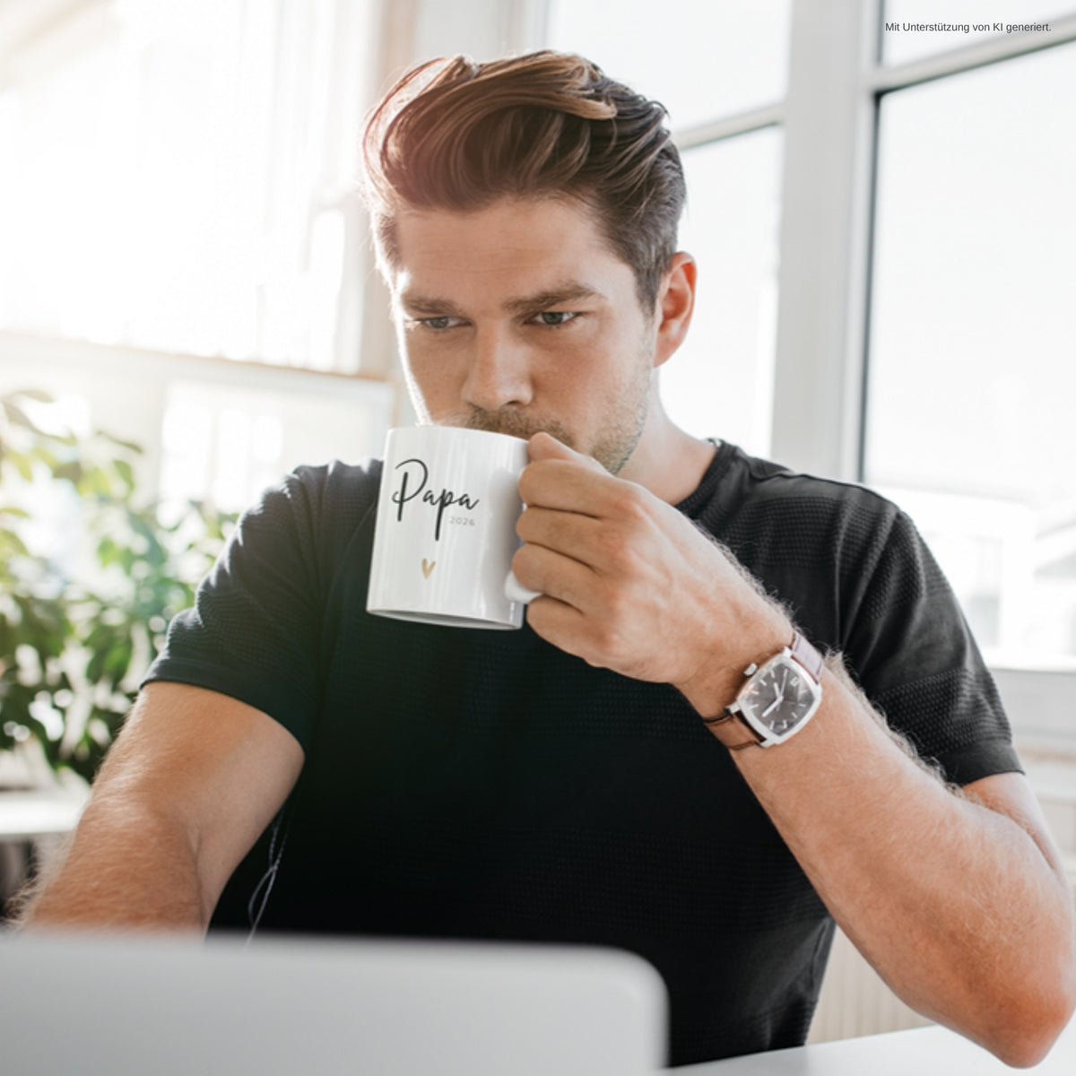 Papa trinkt Kaffee aus der Papa Tasse goldenes Herz