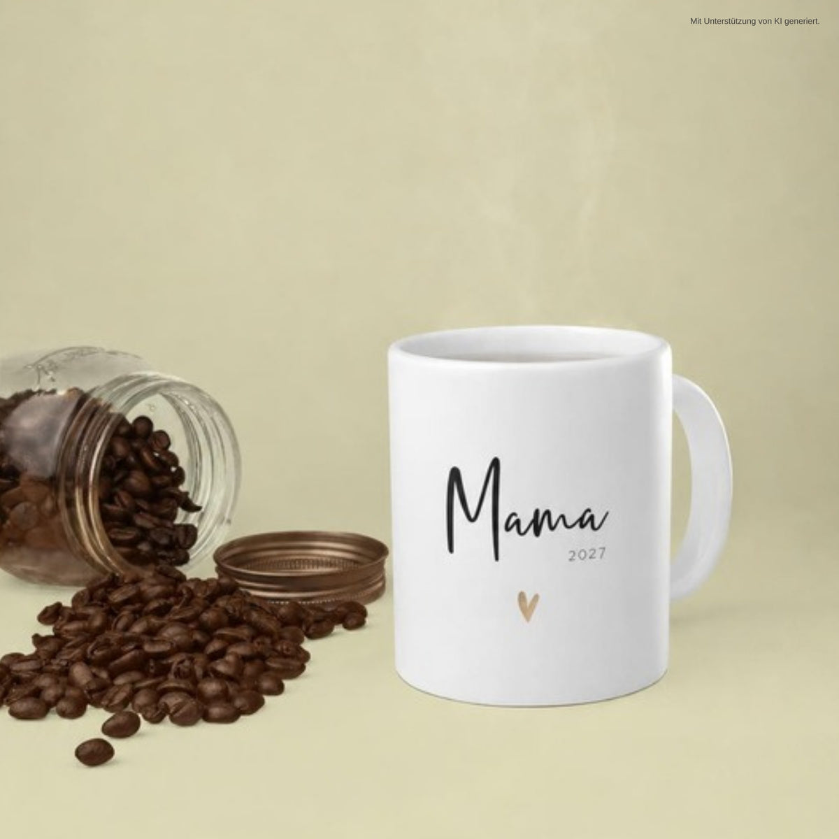 Tasse Mama 2027 goldenes Herz mit Kaffeebohnen