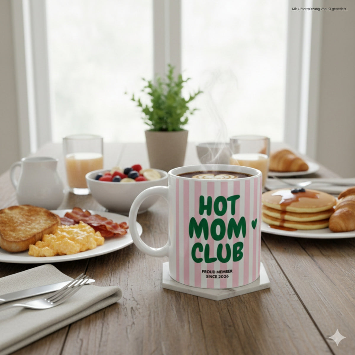 Hot Mom Club Tasse auf dem Frühstückstisch
