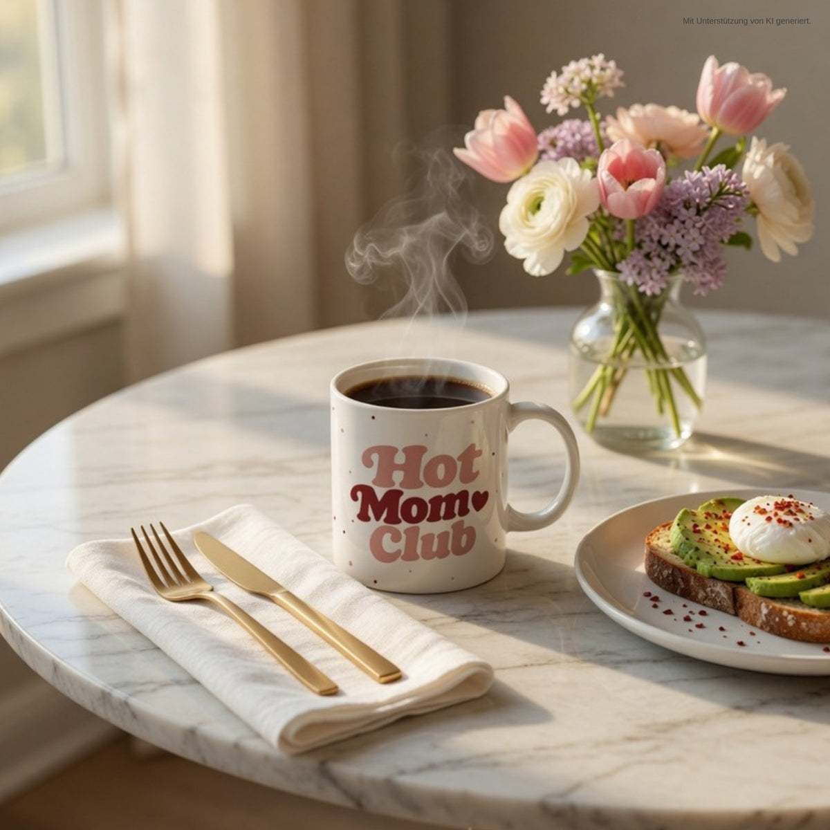Hot Mom Club Tasse mit Kaffee auf dem Frühstückstisch – Geschenk zur Geburt 2026