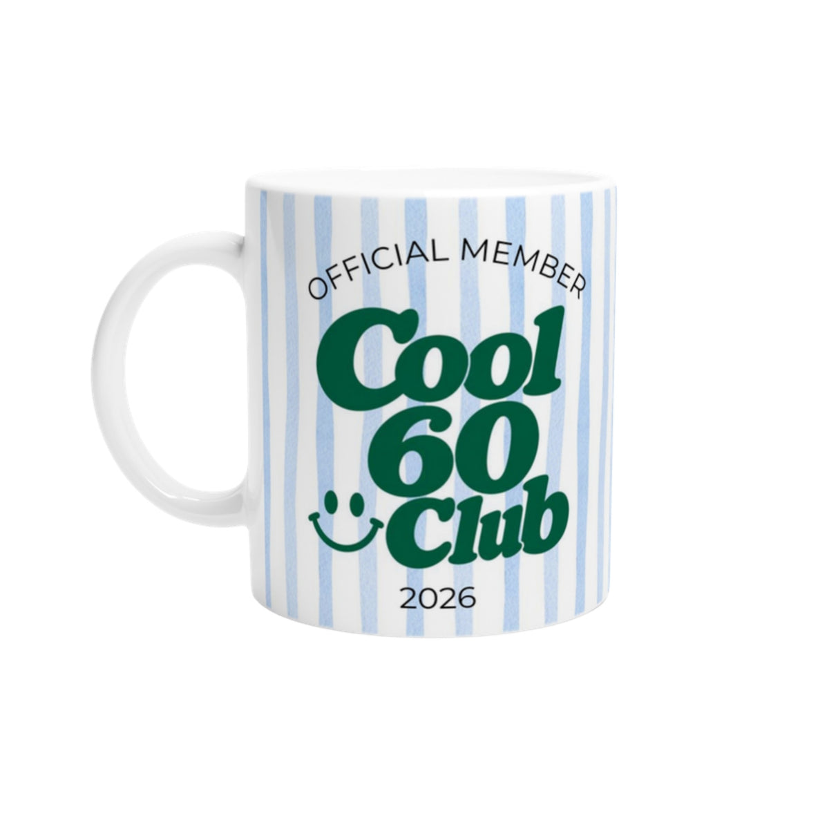 Tasse Cool 60 Club 2026 blau gestreift mit grünem Schriftzug