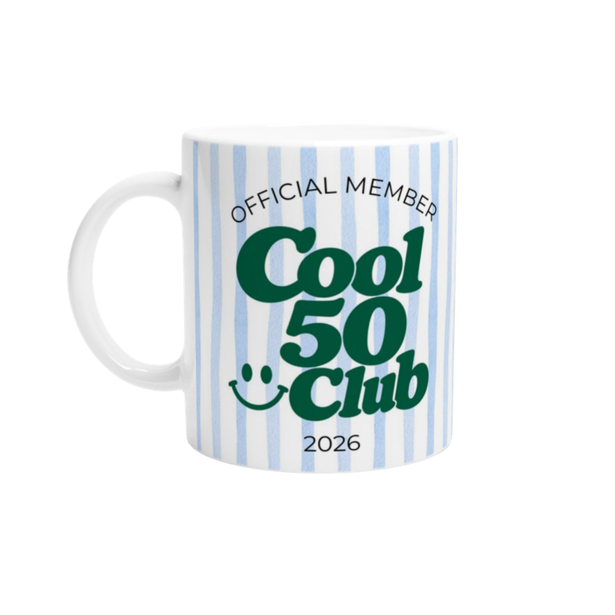 Tasse Cool 50 Club 2026 blau gestreift mit grünem Schriftzug