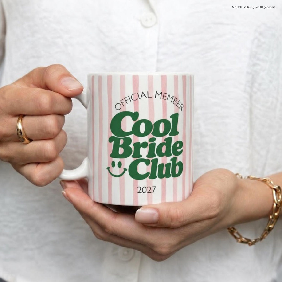 Hände halten Tasse Cool Bride Club 2027 rosa
