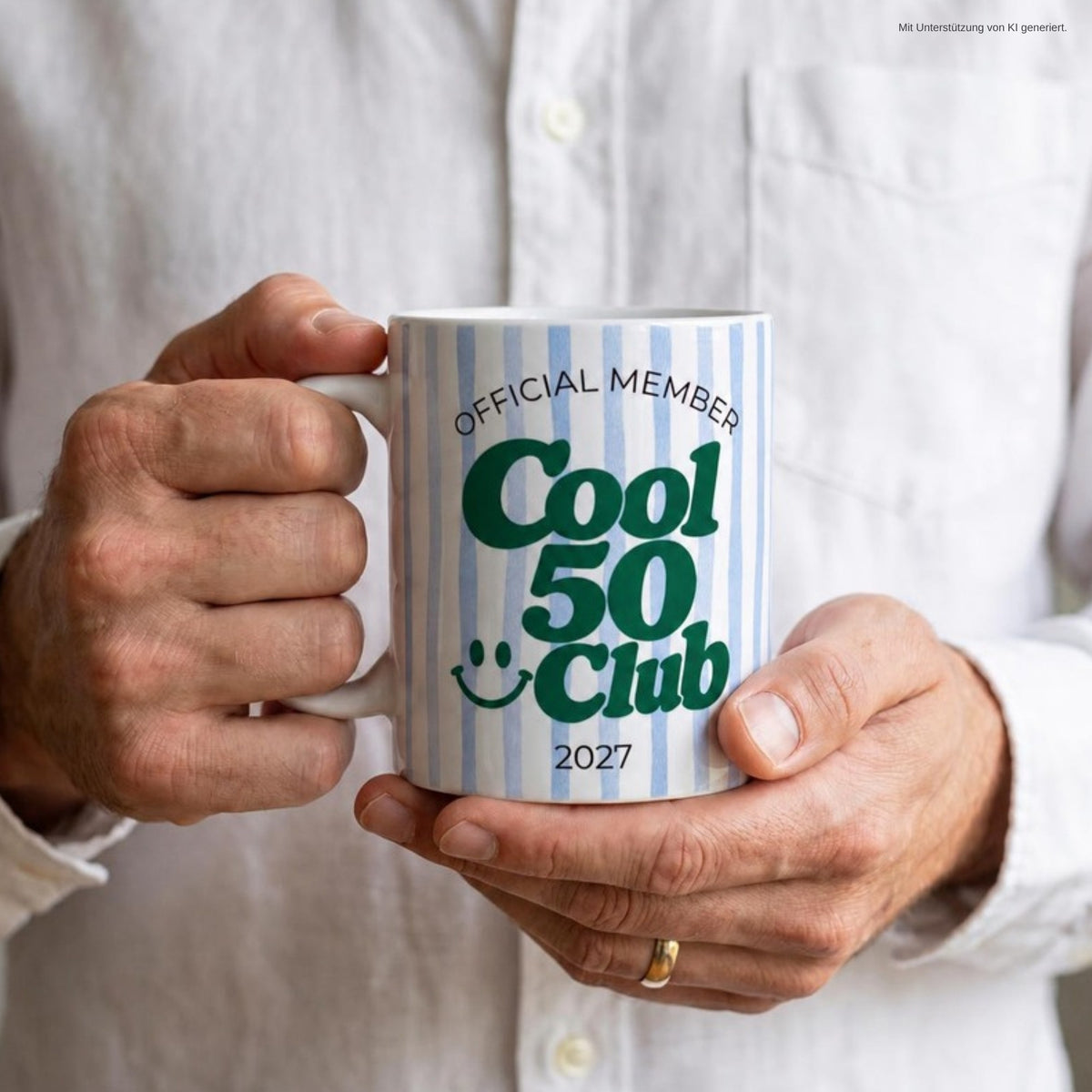 Hände halten Tasse Cool 50 Club 2027 blau