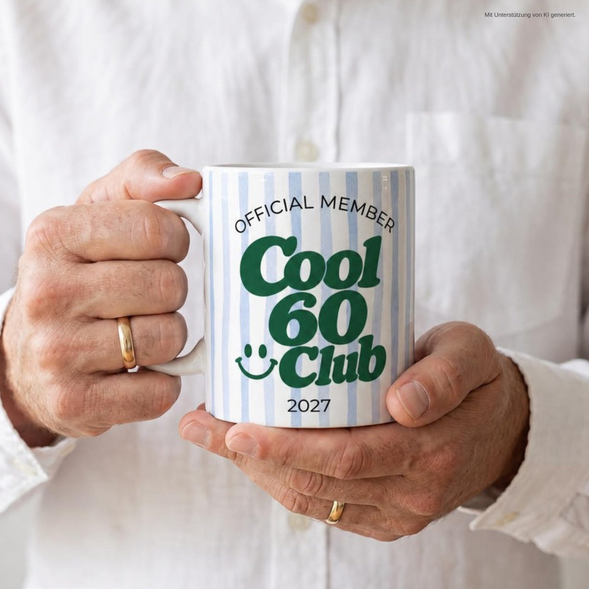 Hände halten Tasse Cool 60 Club 2027 blau