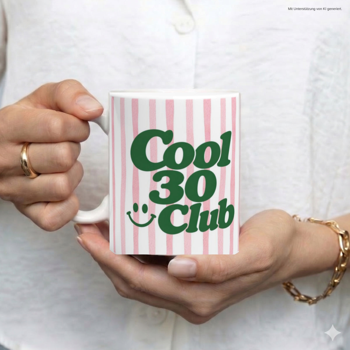 Hände halten Tasse Cool 30 Club ohne Jahreszahl rosa