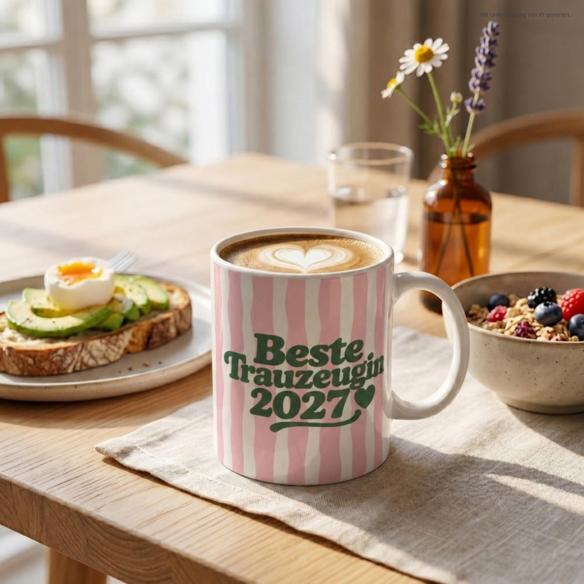 Frühstückstisch mit der Tasse Beste Trauzeugin 2027