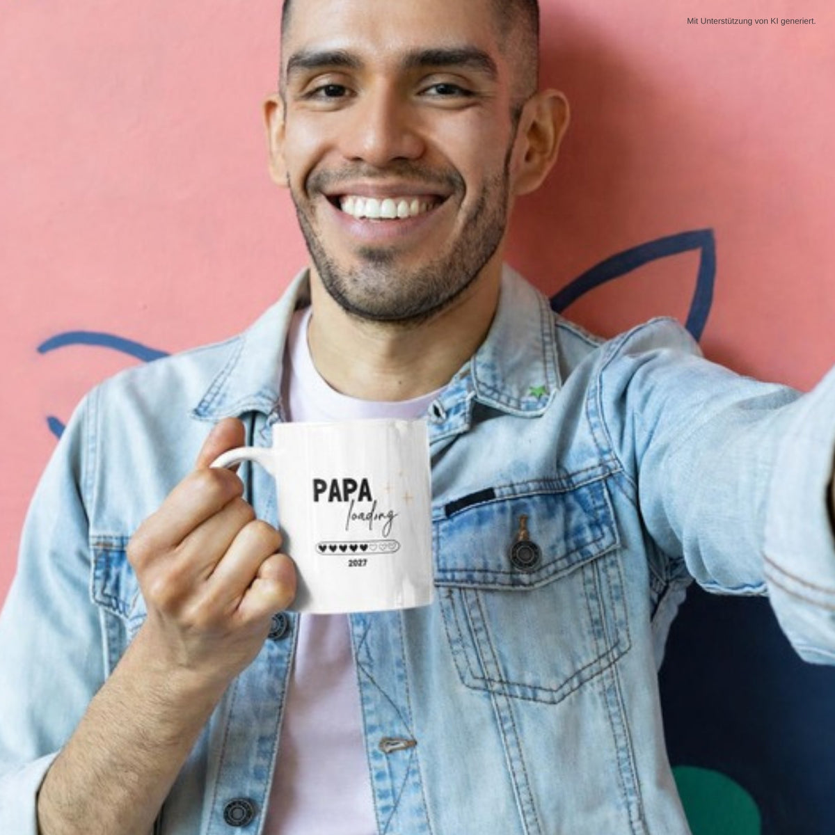 Werdender Papa hält lächelnd die Tasse Papa loading 2027