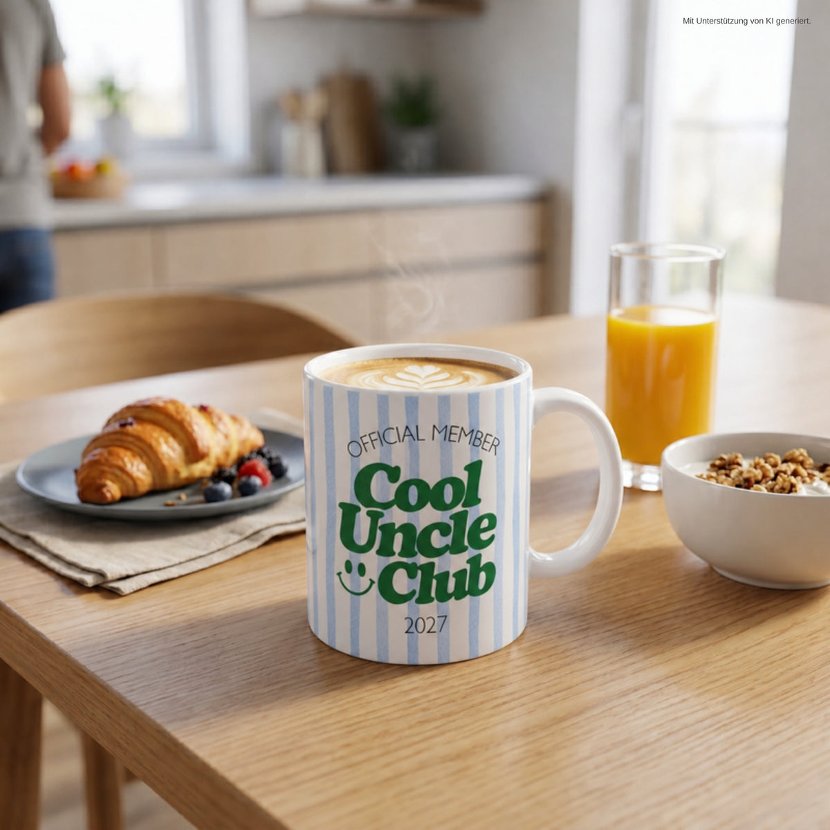 Cool Uncle Club Tasse 2027 blau gestreift auf dem Frühstückstisch