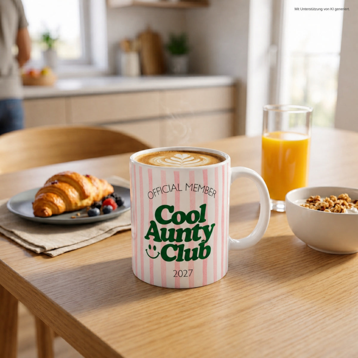 Cool Aunty Club Tasse 2027 rosa gestreift auf dem Frühstückstisch