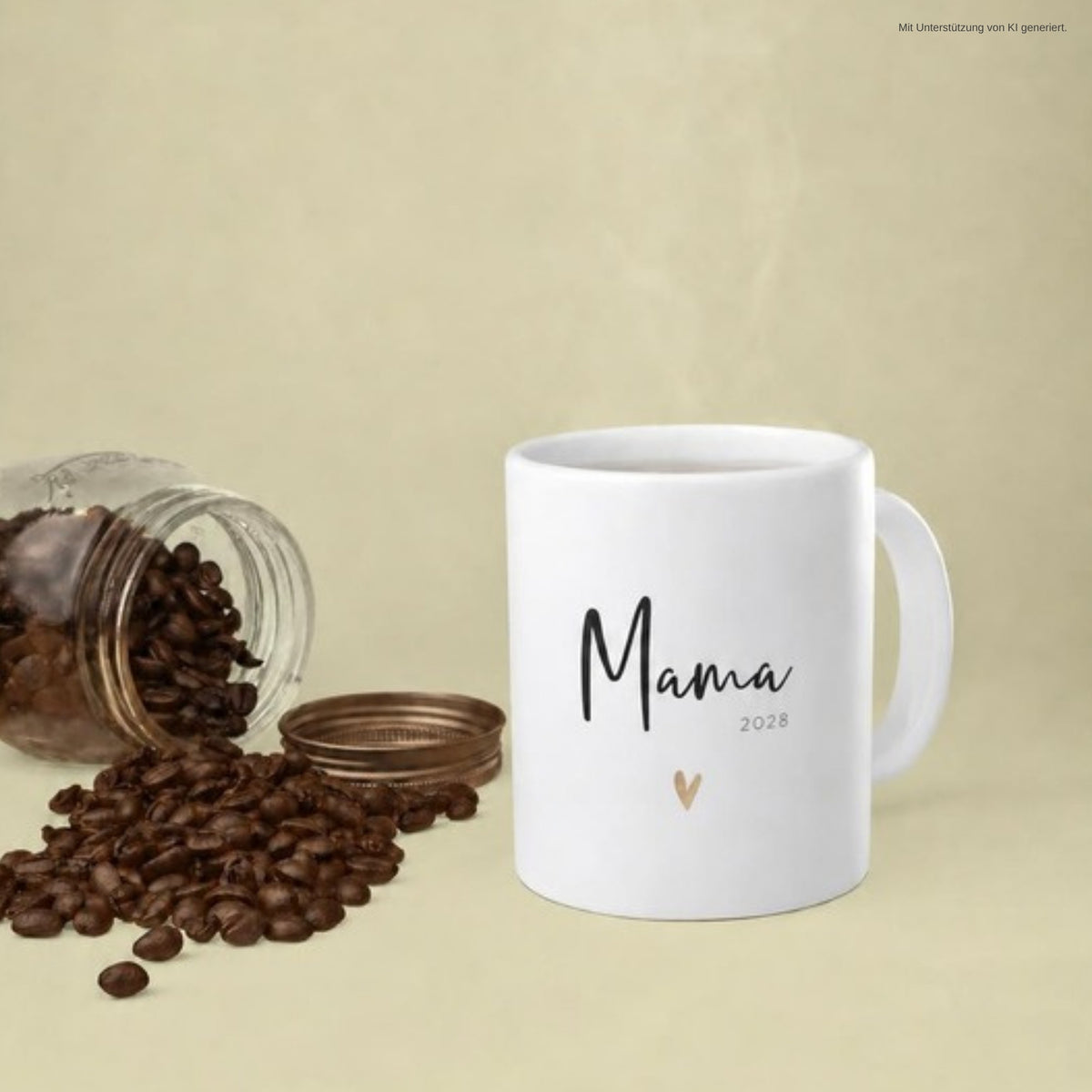 Tasse Mama 2028 goldenes Herz mit Kaffeebohnen