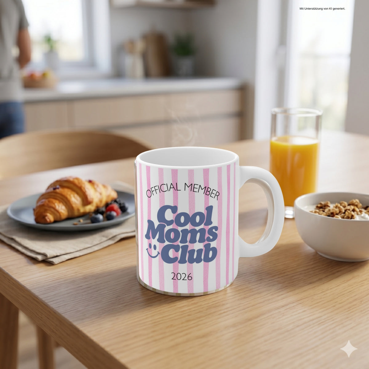 Cool Moms Club Tasse 2026 pink gestreift auf dem Frühstückstisch