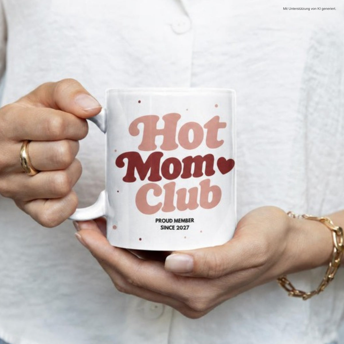 Hände halten die Tasse Hot Mom Club 2027 – Schwangerschaft verkünden
