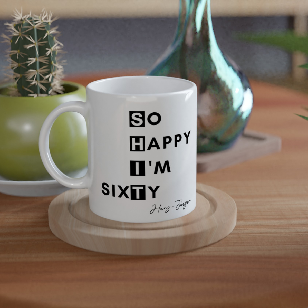 Tasse So Happy I’m Sixty 60. Geburtstag 330ml einfarbig mit / ohne Personalisierung