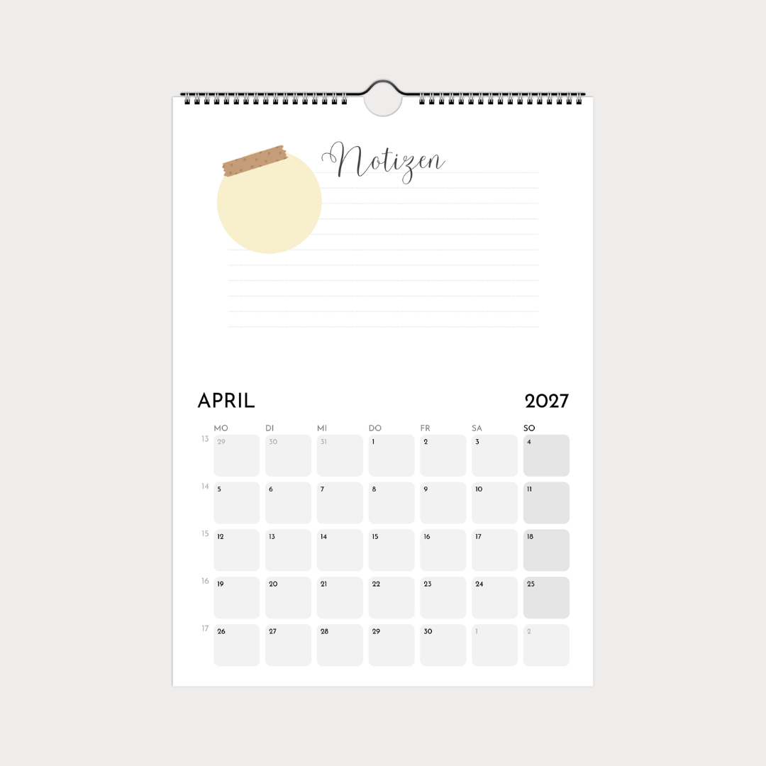 Schlichter Wandkalender A4 – Notizen