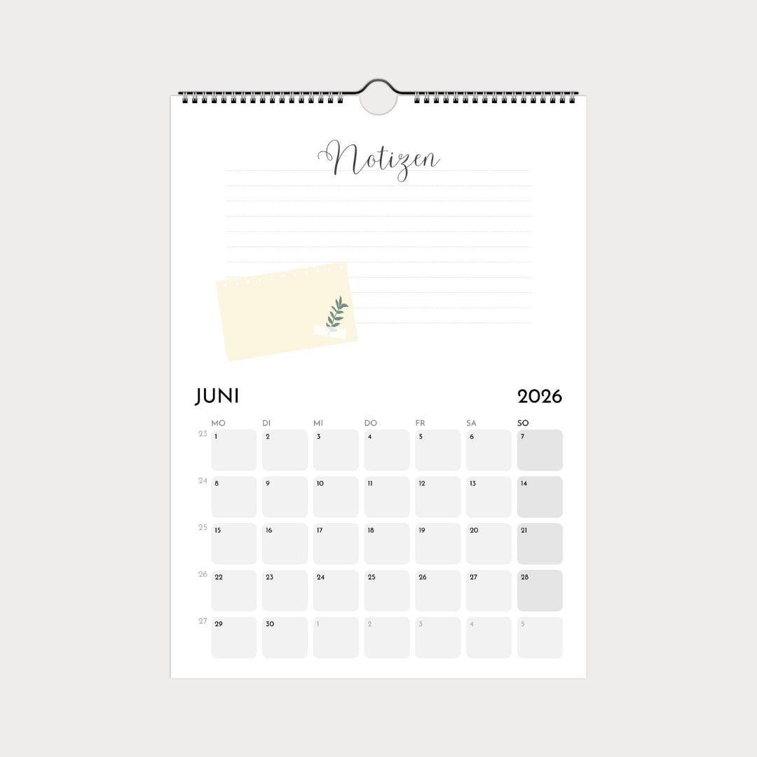 Schlichter Wandkalender  A4 – Schlicht & modern mit viel Platz zum Eintragen