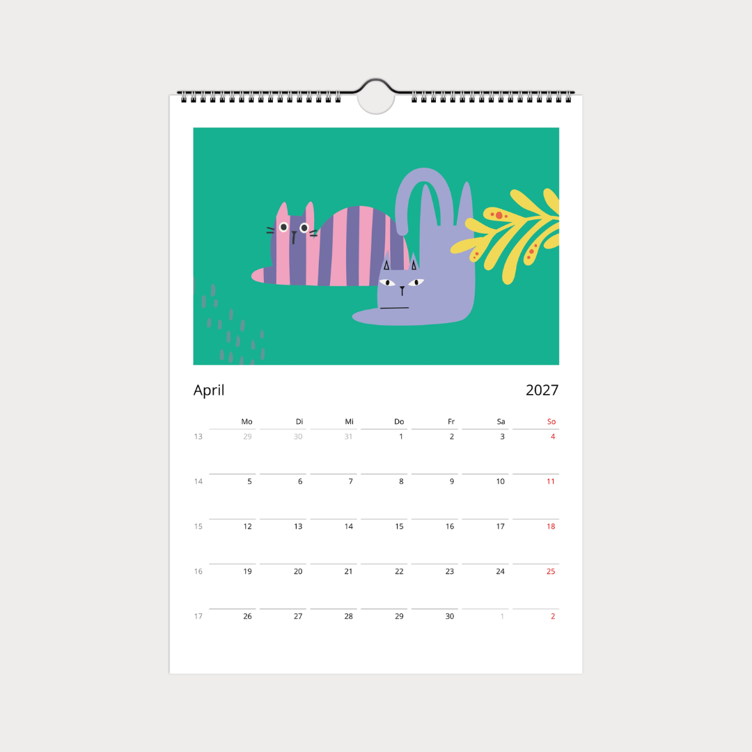 Katzenkalender 2027 – abstrakter A4 Wandkalender mit 12 modernen Katzenmotiven