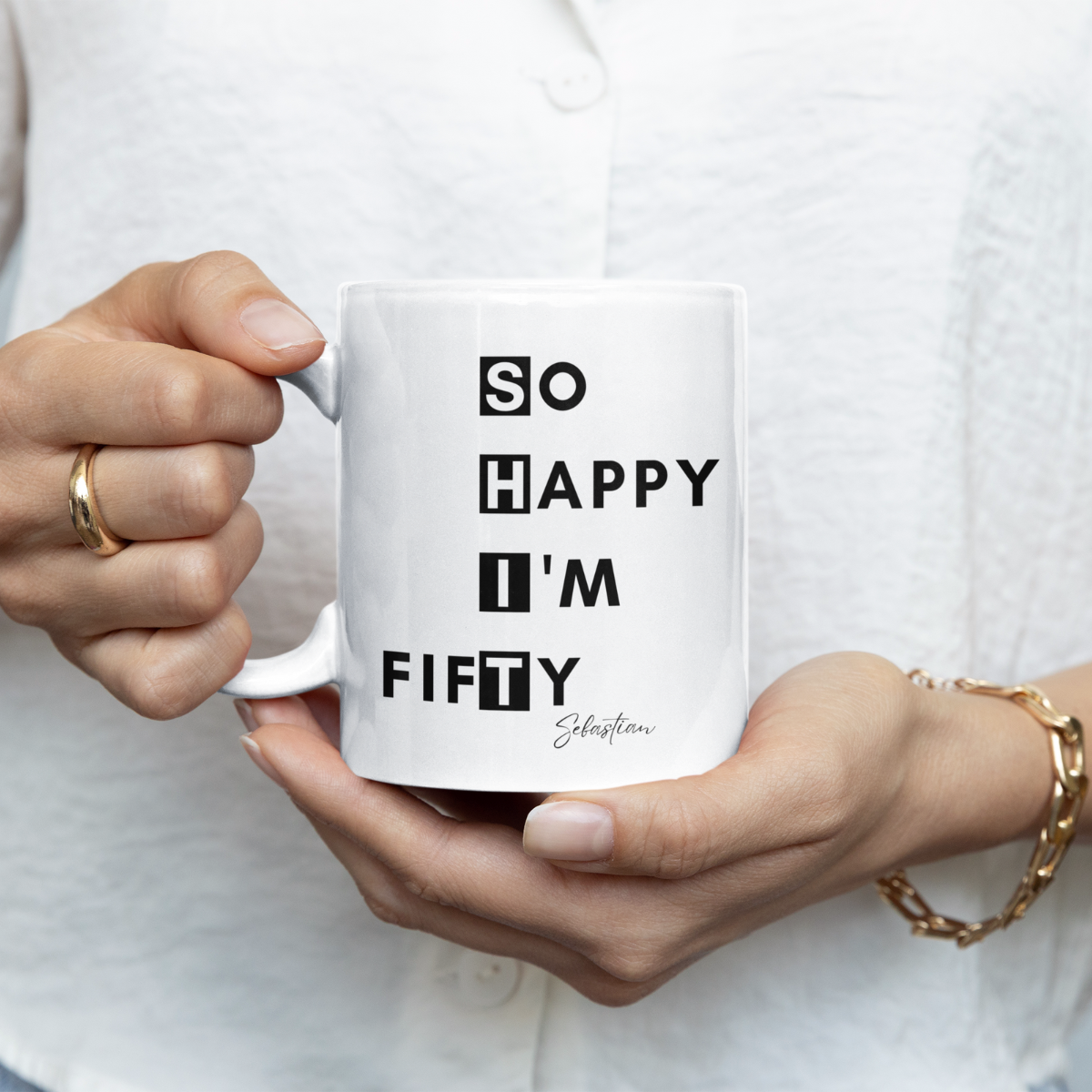 Tasse So Happy I’m Fifty 50. Geburtstag 330ml einfarbig mit / ohne Personalisierung