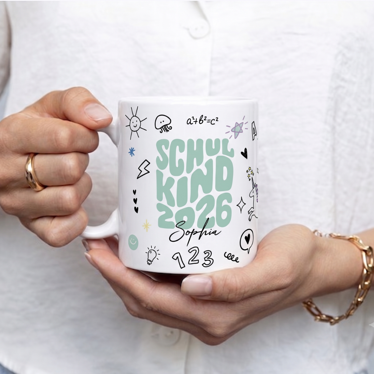 Schulkind Tasse Mint Einhorn mit Name