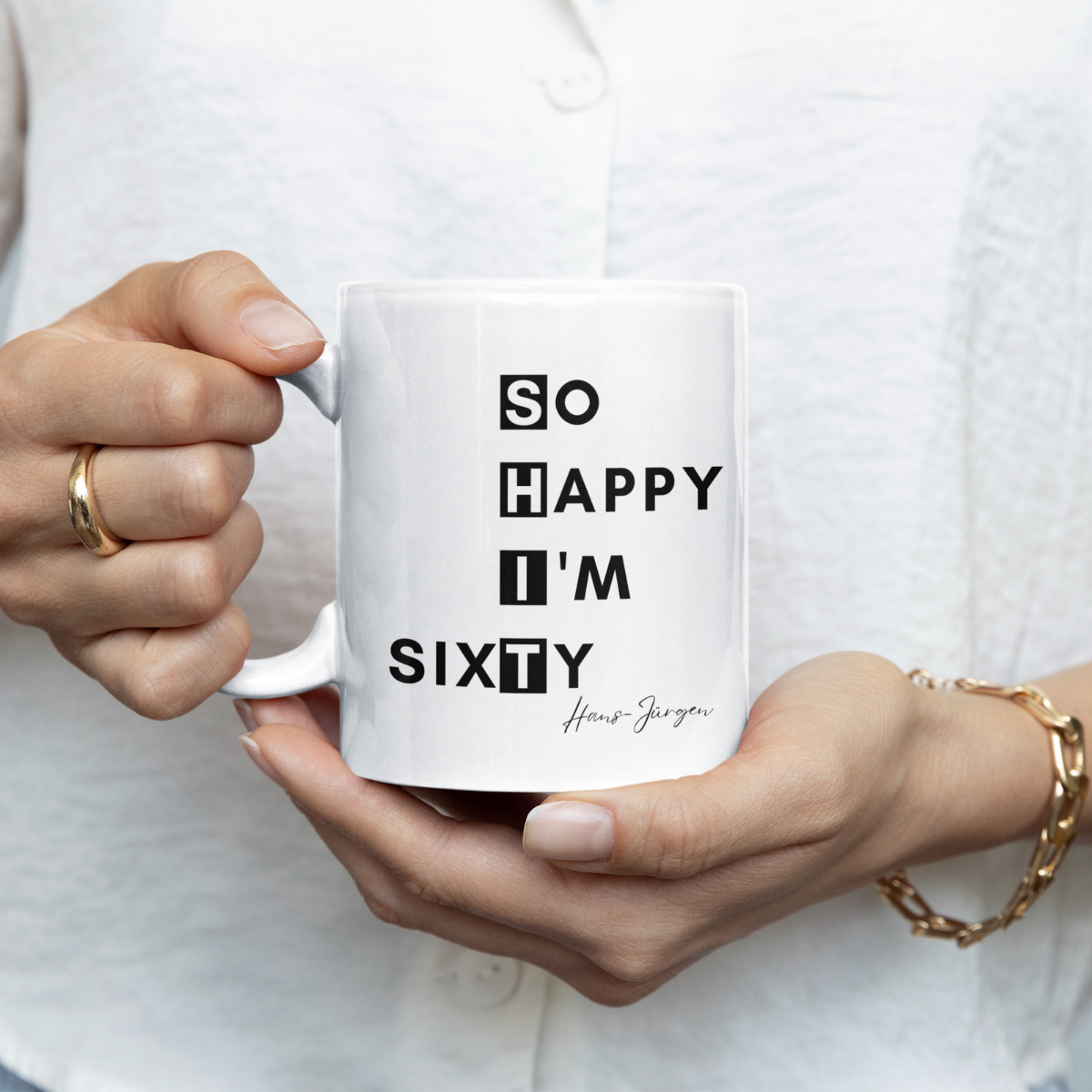 Tasse So Happy I’m Sixty 60. Geburtstag 330ml einfarbig mit / ohne Personalisierung