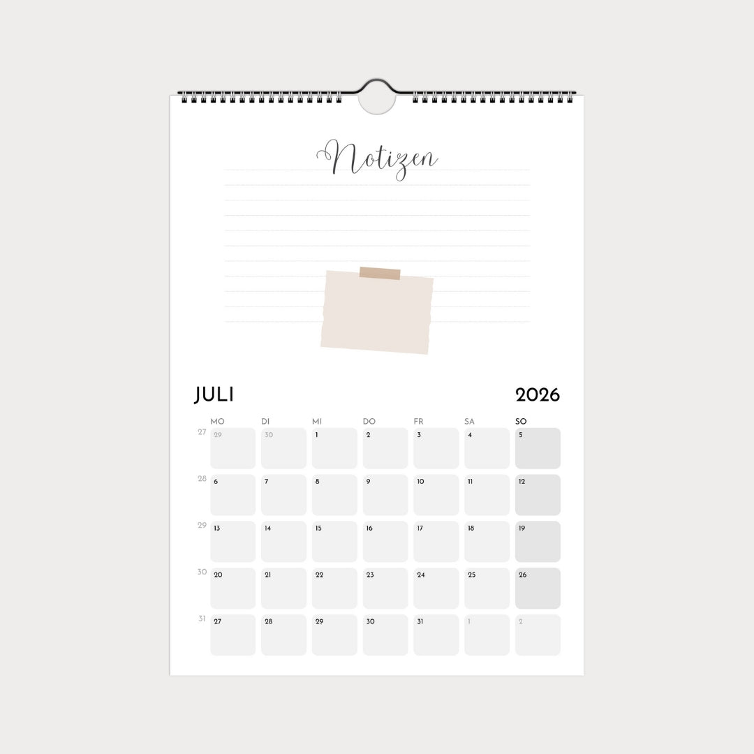 Schlichter Wandkalender  A4 – Schlicht & modern mit viel Platz zum Eintragen