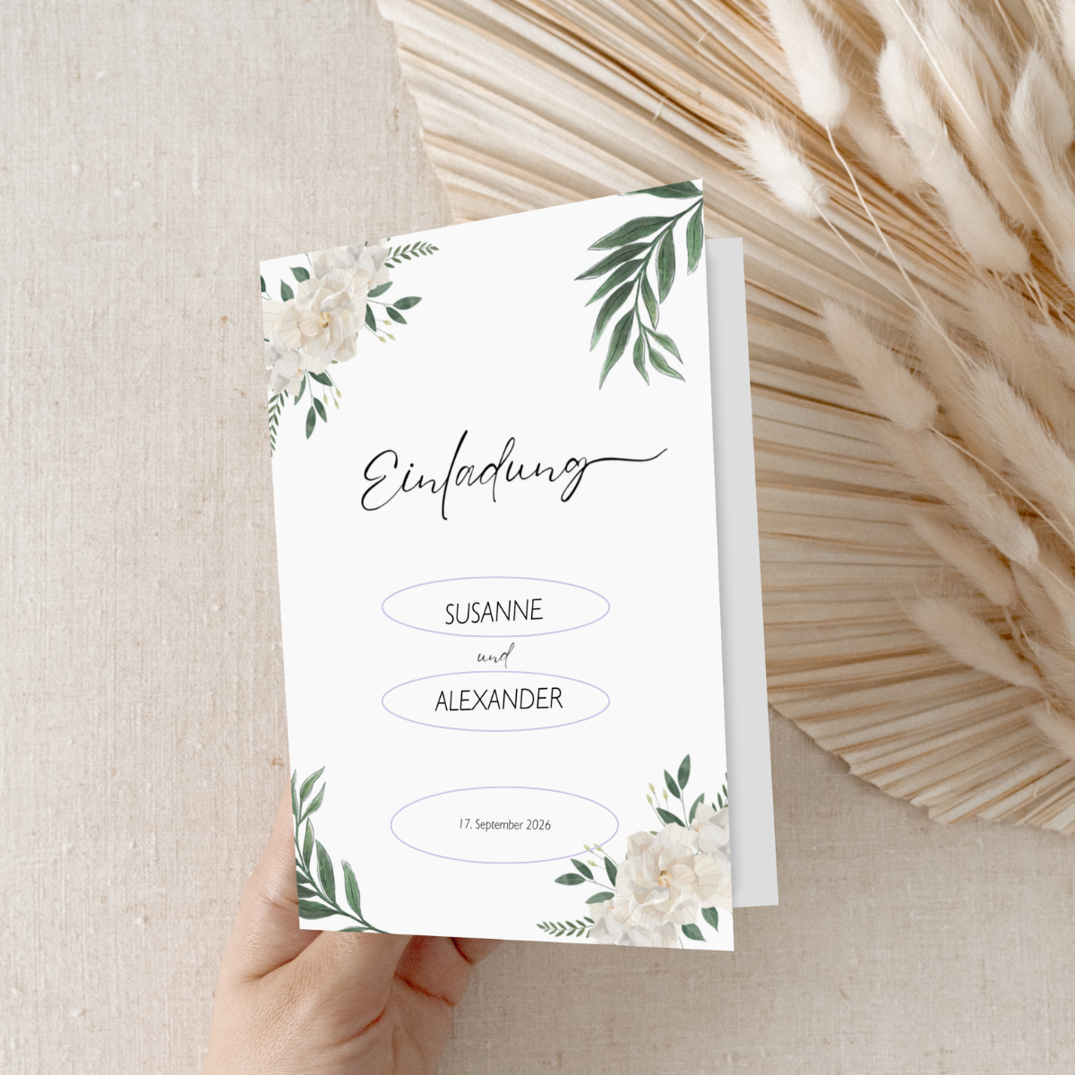 Einladungskarten Hochzeit – Florales Design mit weißen Blüten personalisierbar - 10 Stück
