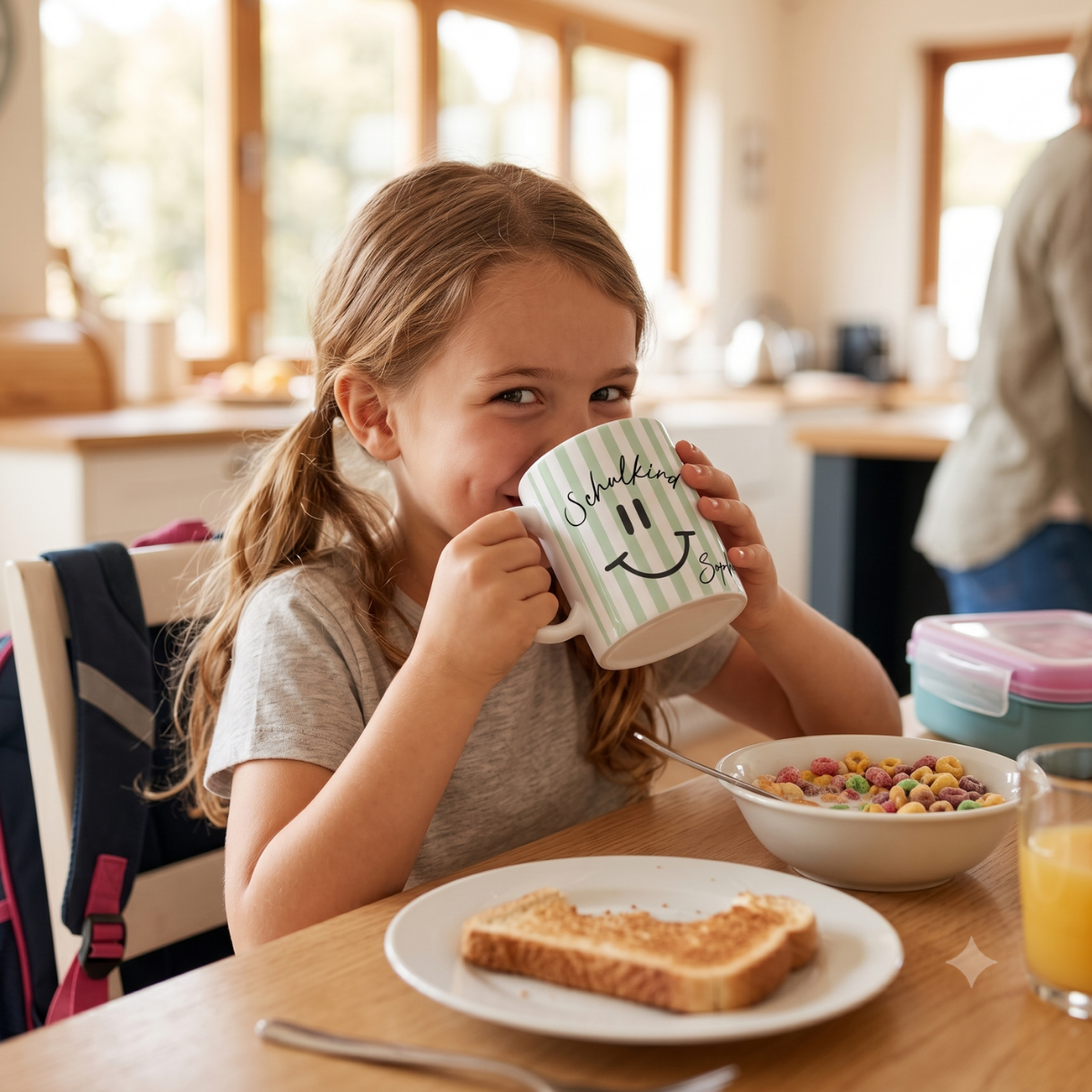 Schulkind Tasse mit Name – Smiley Design