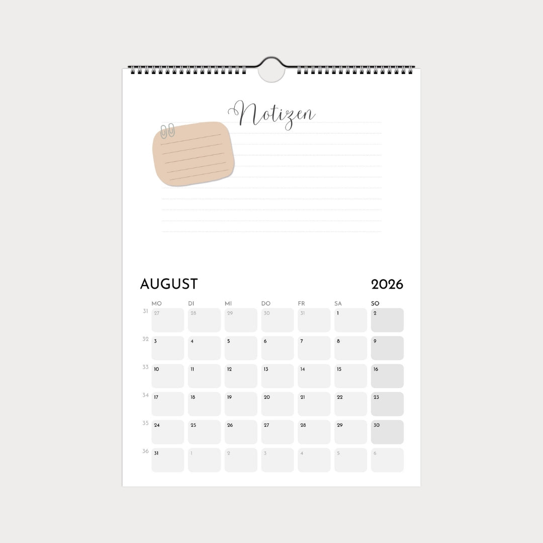 Schlichter Wandkalender  A4 – Schlicht & modern mit viel Platz zum Eintragen