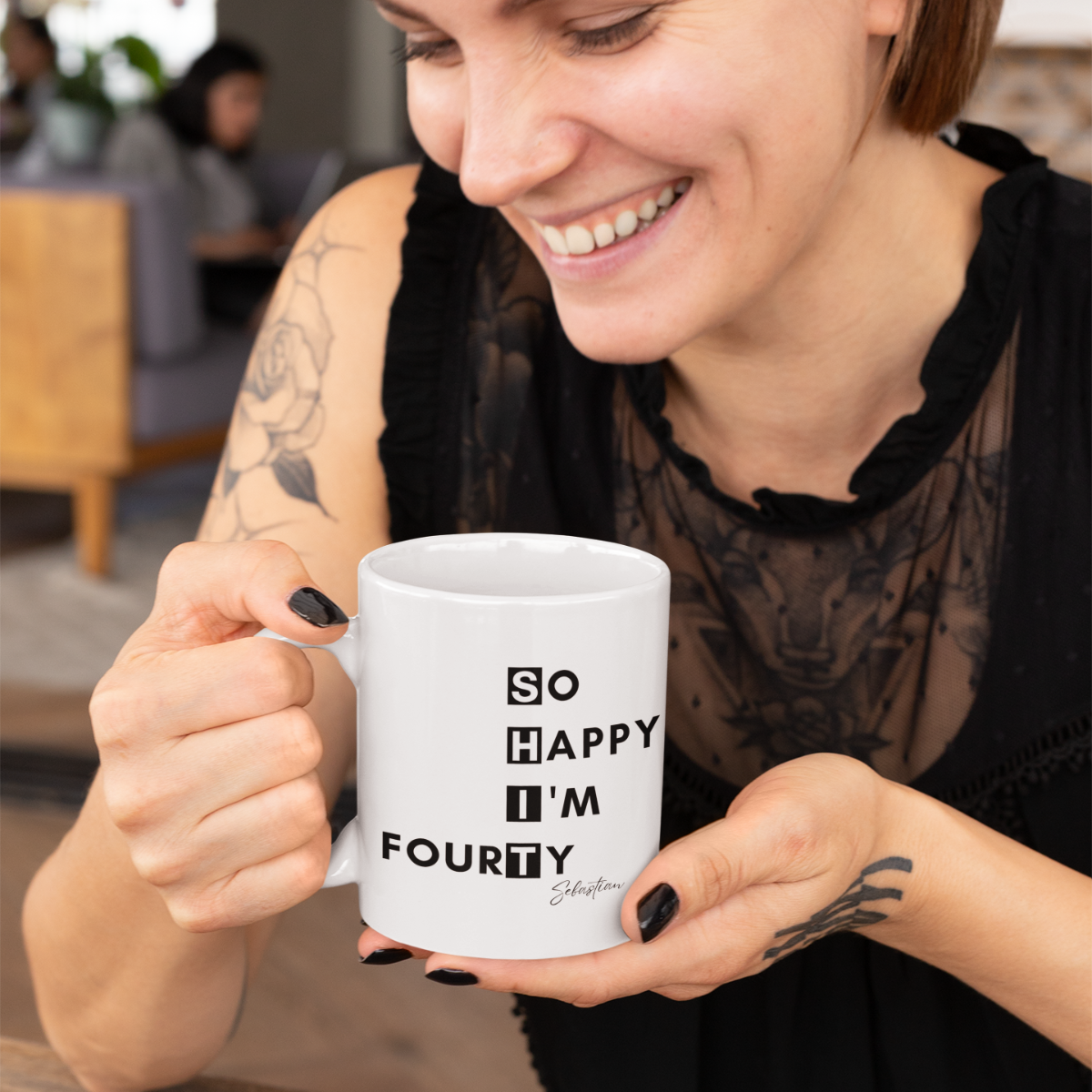 Tasse So Happy I’m Fourty 40. Geburtstag 330ml einfarbig mit / ohne Personalisierung