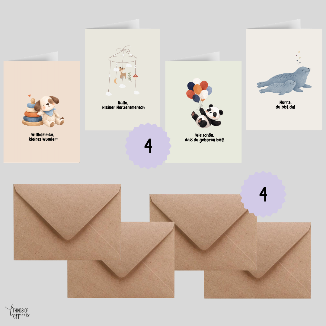 Set Glückwunschkarten zur Geburt Baby (4 Stück)