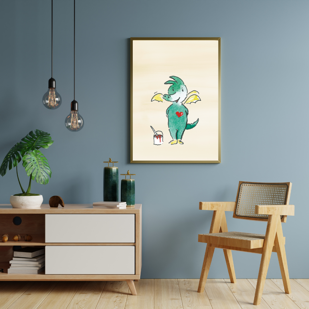 Poster Tabaluga mit Farbeimer & Herz