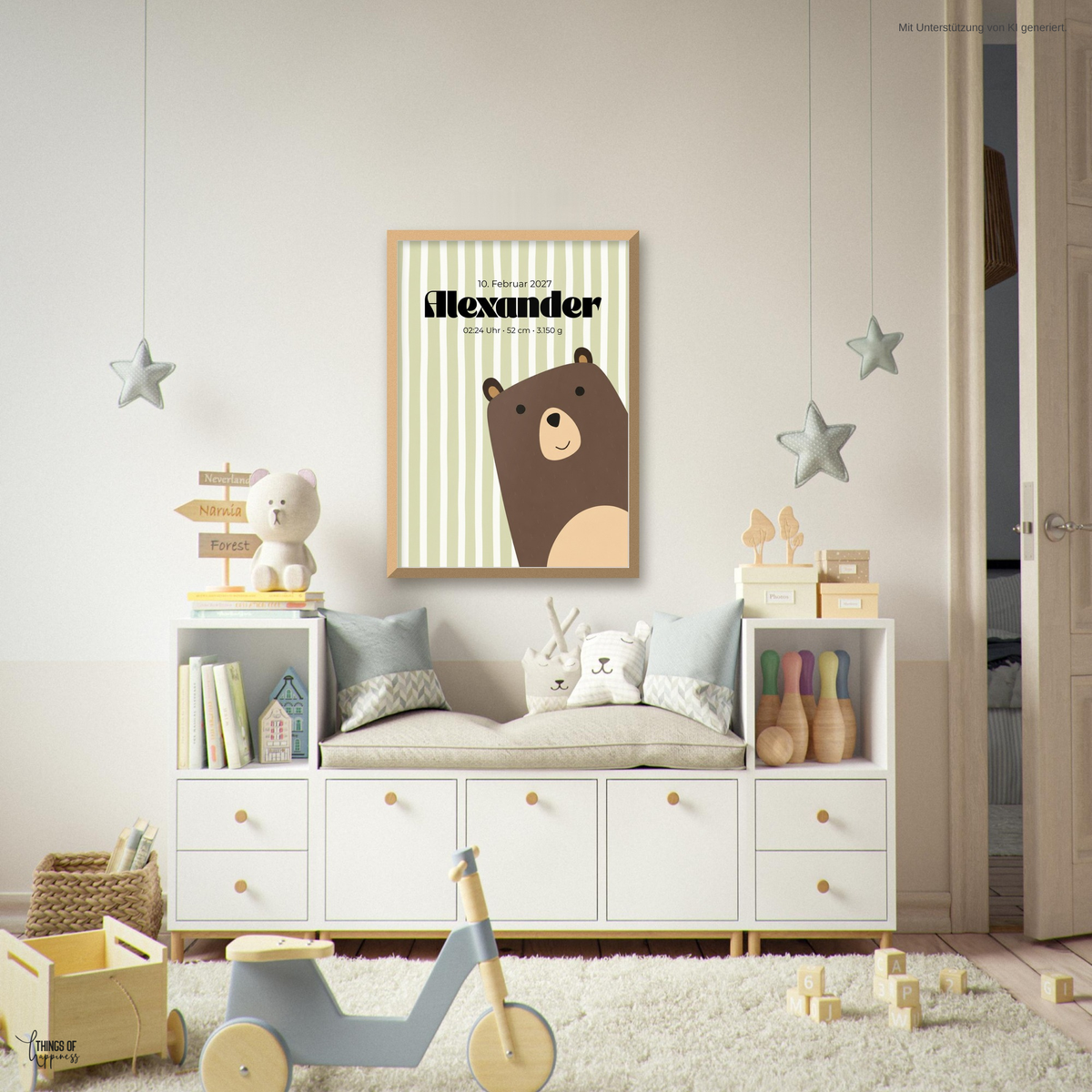 Personalisiertes Geburtsposter Bär mit Name & Geburtsdaten – Babyposter Salbeigrün