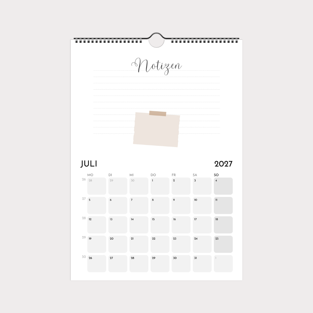 Schlichter Wandkalender A4 – Notizen