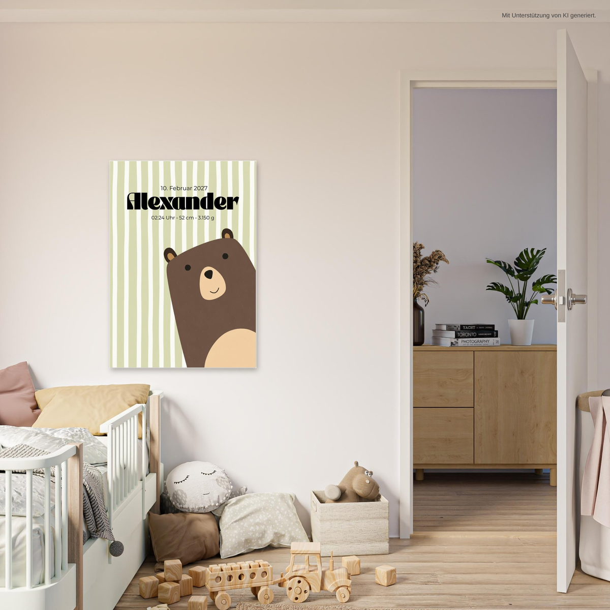 Personalisiertes Geburtsposter Bär mit Name & Geburtsdaten – Babyposter Salbeigrün