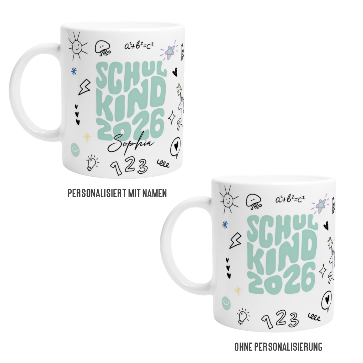 Schulkind Tasse Mint Einhorn mit Name