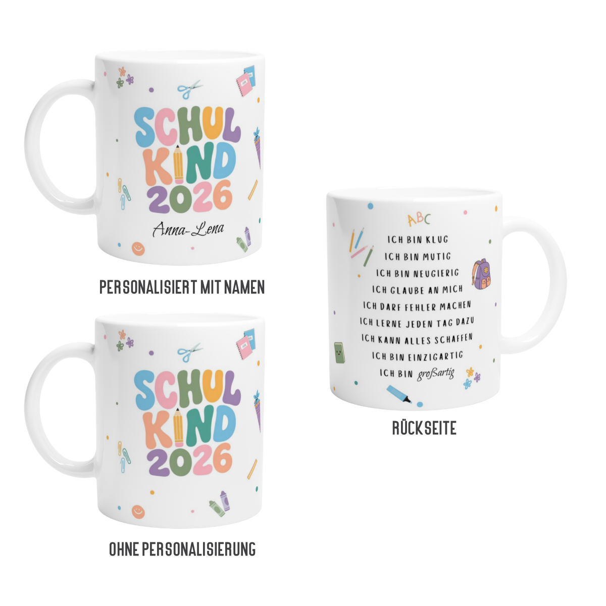 Tasse Schulkind Bunt 2026 mit Namen