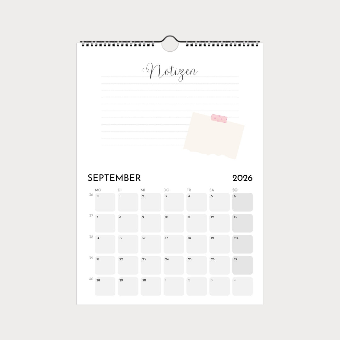 Schlichter Wandkalender  A4 – Schlicht & modern mit viel Platz zum Eintragen