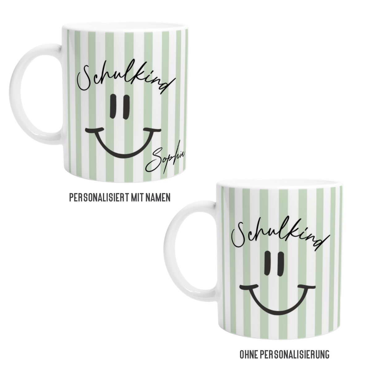 Schulkind Tasse mit Name – Smiley Design