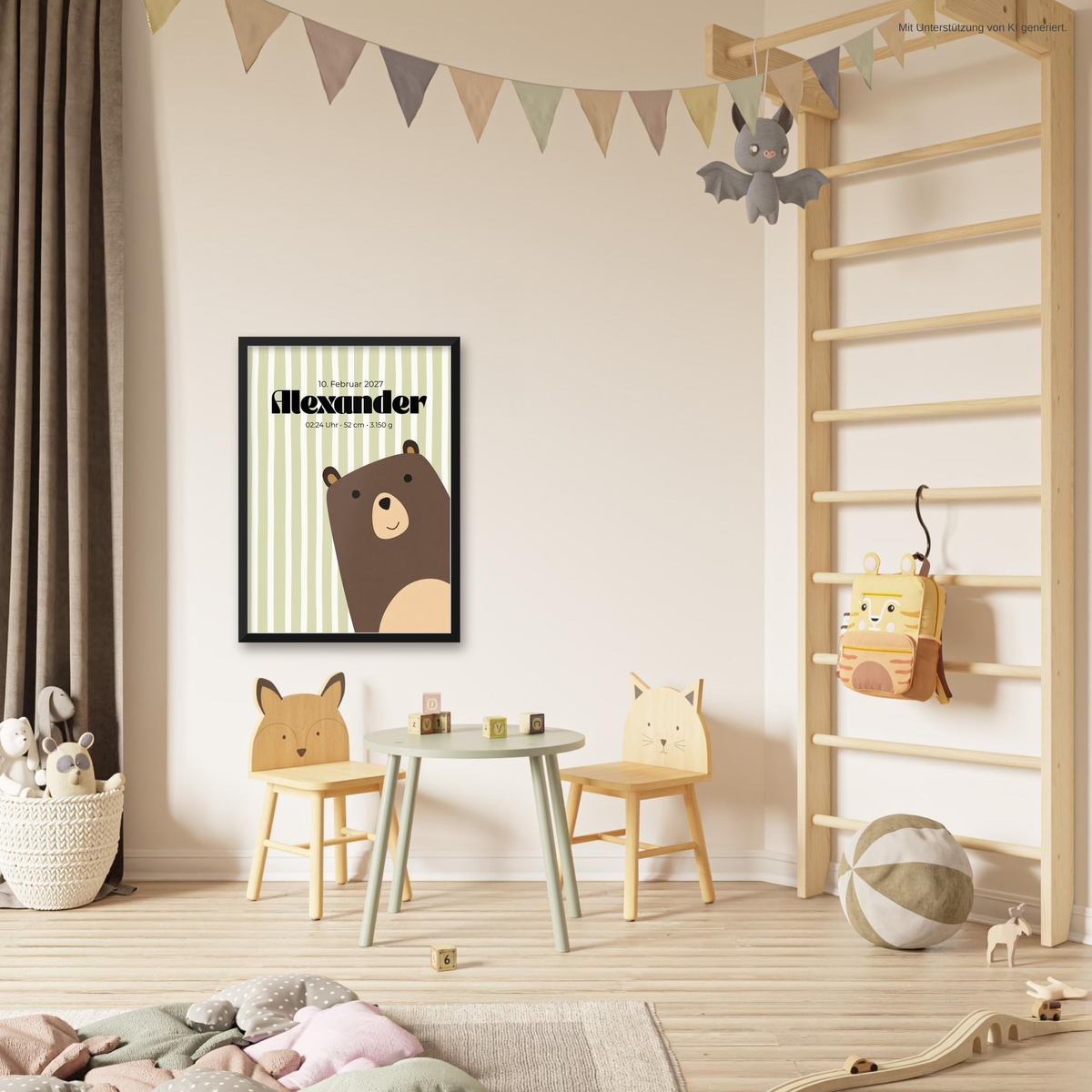 Personalisiertes Geburtsposter Bär mit Name & Geburtsdaten – Babyposter Salbeigrün