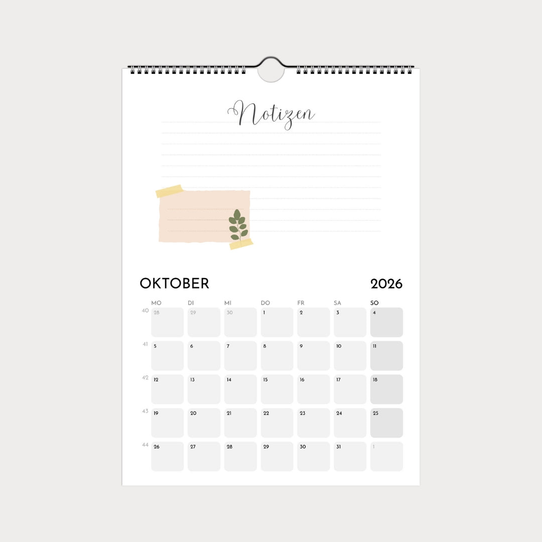 Schlichter Wandkalender  A4 – Schlicht & modern mit viel Platz zum Eintragen