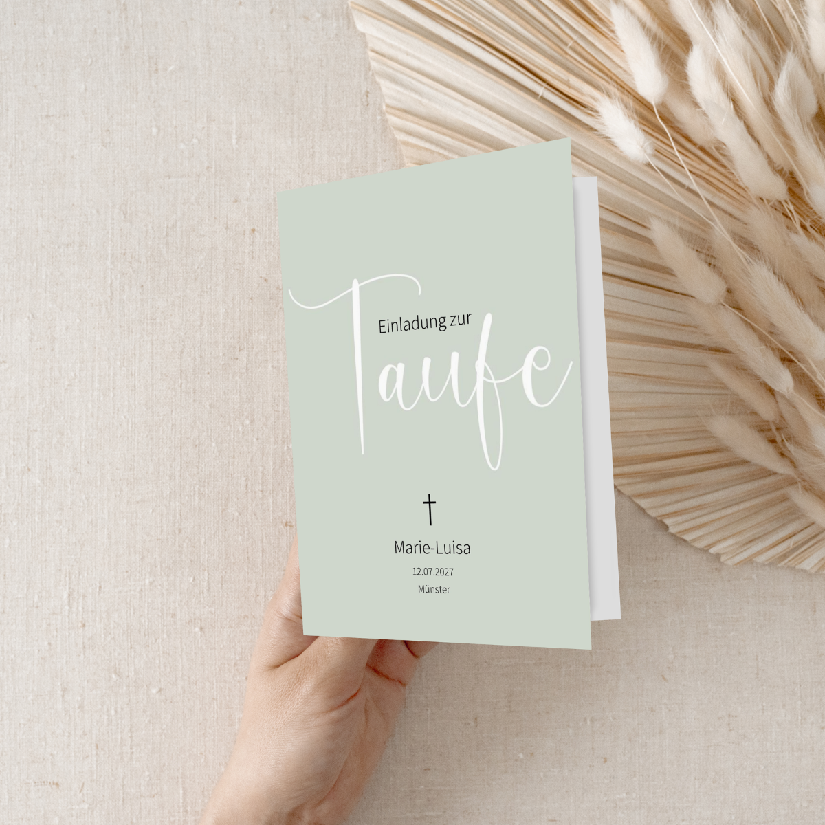 Personalisierte Einladung Taufe Salbeigrün – 10 Stück