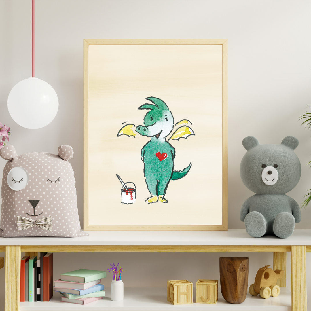 Poster Tabaluga mit Farbeimer & Herz