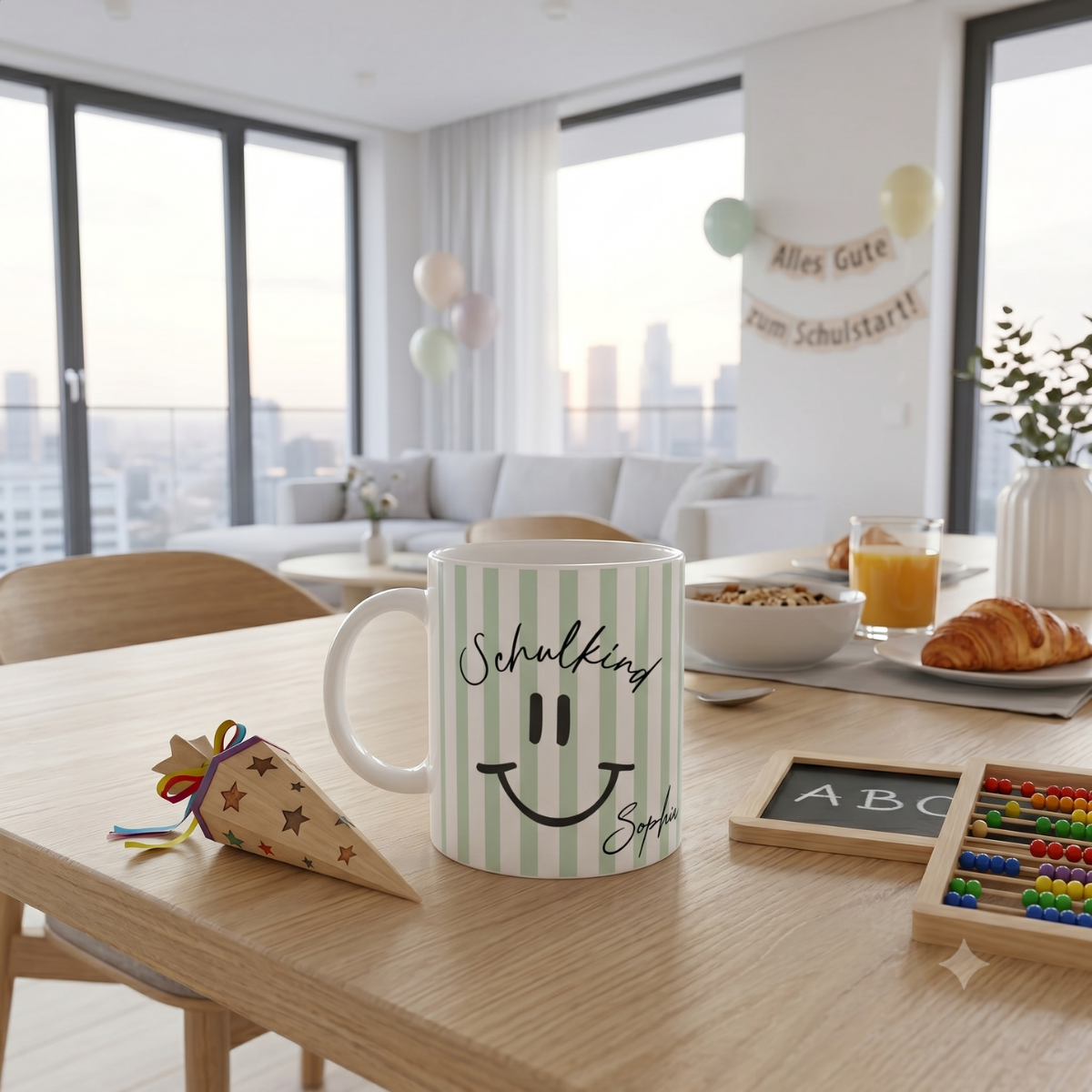 Schulkind Tasse mit Name – Smiley Design