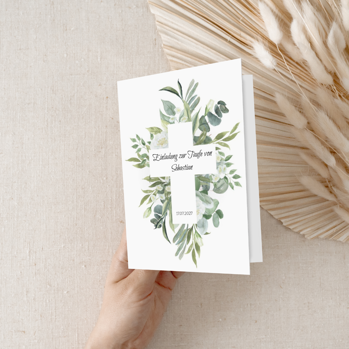 Personalisierte Einladungskarten Taufe mit Kreuz & Eukalyptus – 10 Stück