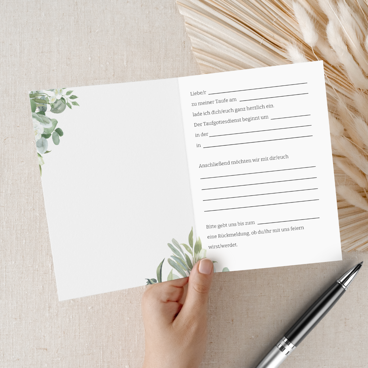 Personalisierte Einladungskarten Taufe mit Kreuz & Eukalyptus – 10 Stück