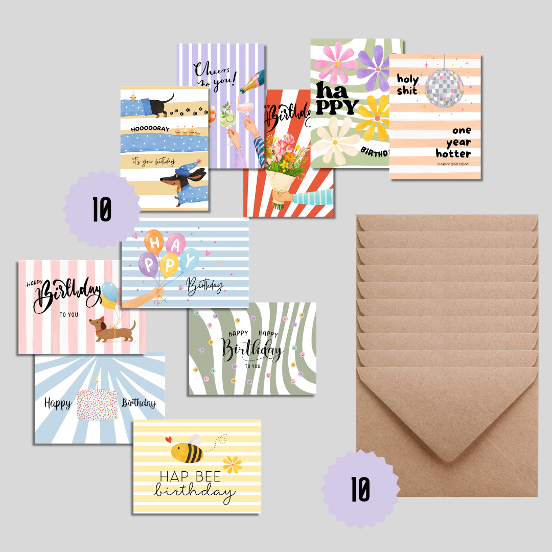 Glückwunschkarten Happy Birthday bunt Set 10 Stück mit Umschlägen